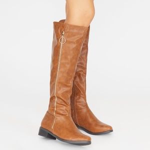 Faux Leather Zip Up Knee-High Brown Riding Boots